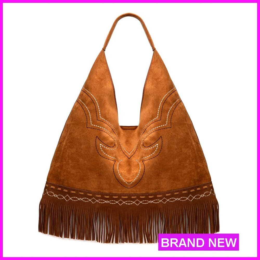 Oversized Suede Hobo Bag Western Fringe Tassel Shoulder Purse Spacious Boho
